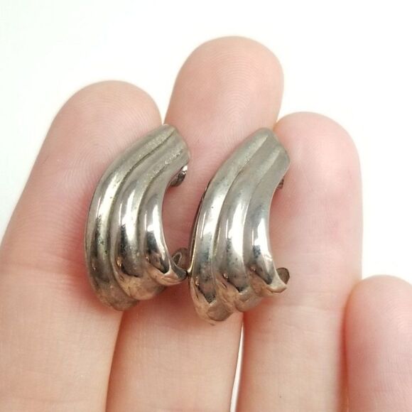 Vintage Wave Shape Half Hoop Stud Earrings, Silver Tone Metal, Minimal Design - Picture 1 of 5